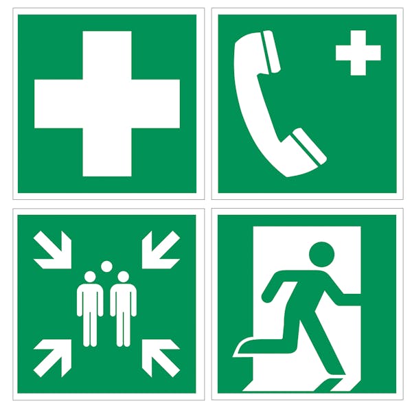 Rettungszeichen: Erste Hilfe, Notruftelefon, Sammelstelle, Rettungsweg